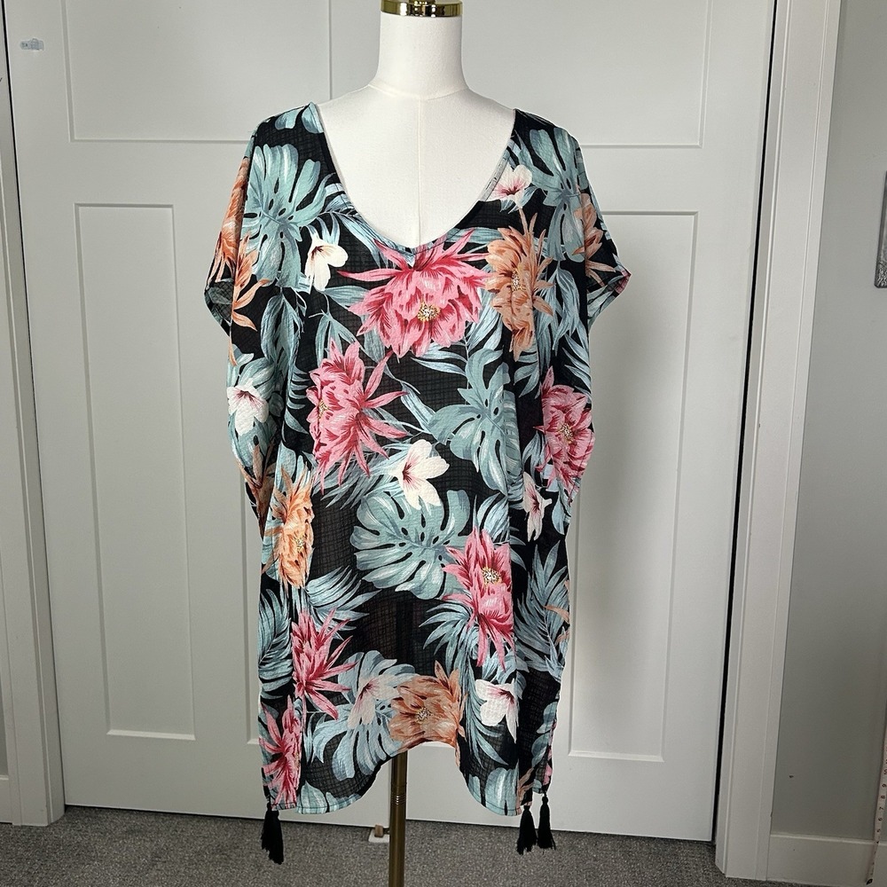 Kona Sol Women's Floral Criss Cross Lattice‎ Back Swim Cover Stretch Size SMALL